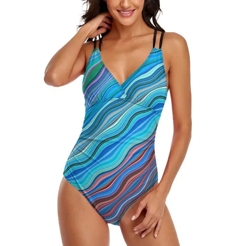 abstract ocean print swimsuit front silhouette