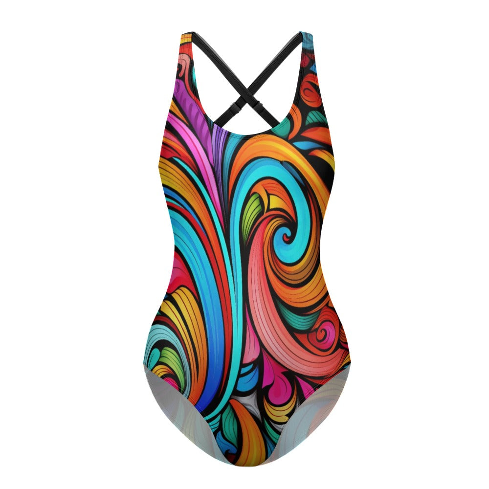 colorful one piece swimsuit front beach view