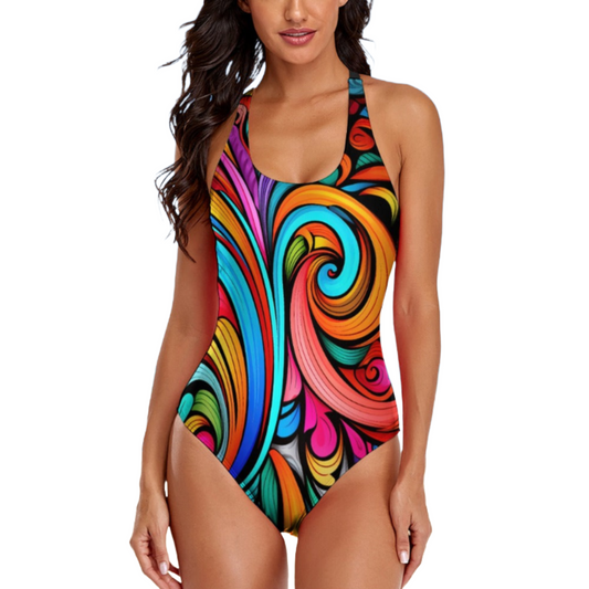 Bold abstract one-piece swimsuit with adjustable straps and a balanced silhouette. Designed for curves and crafted for confidence.