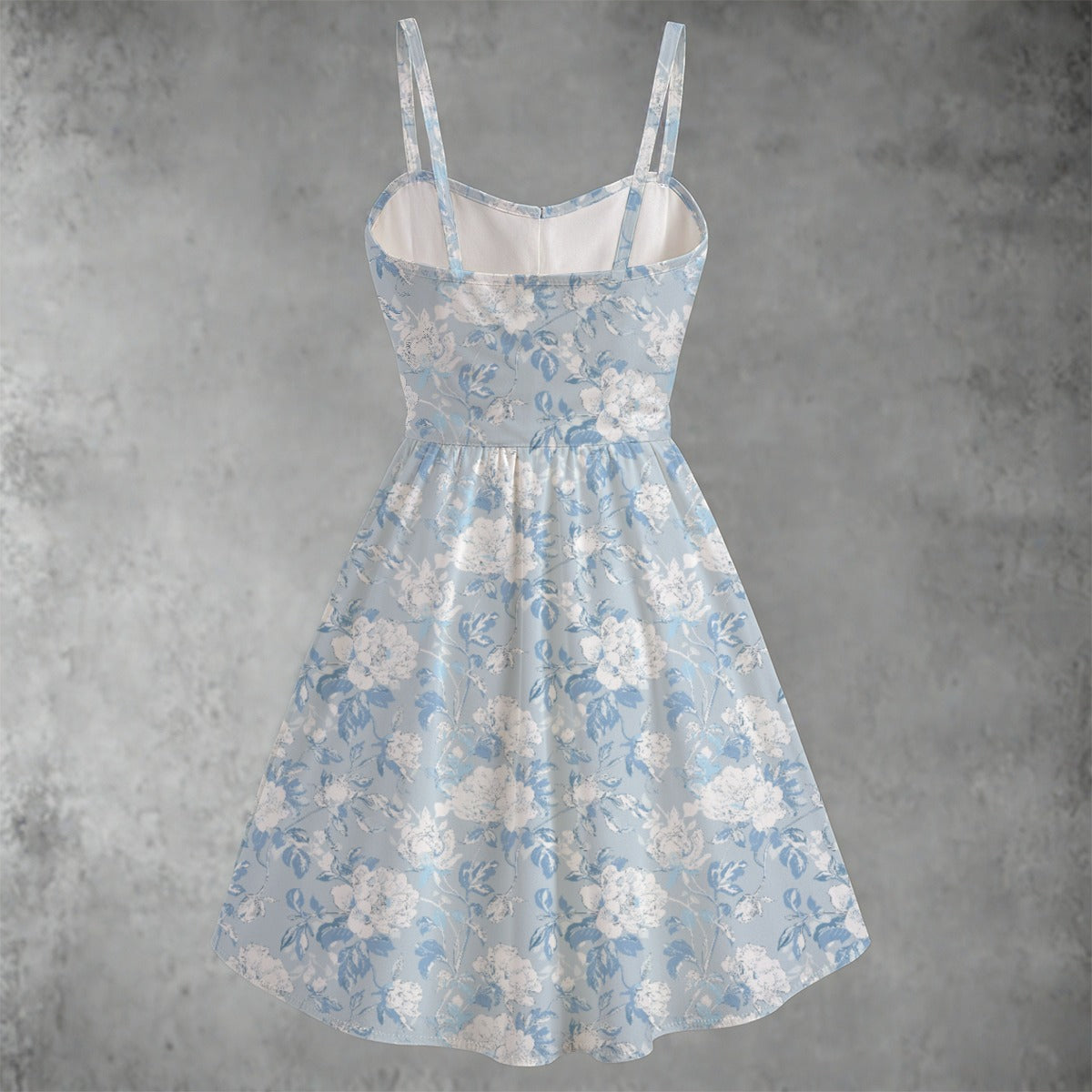 back view blue floral fit and flare dress