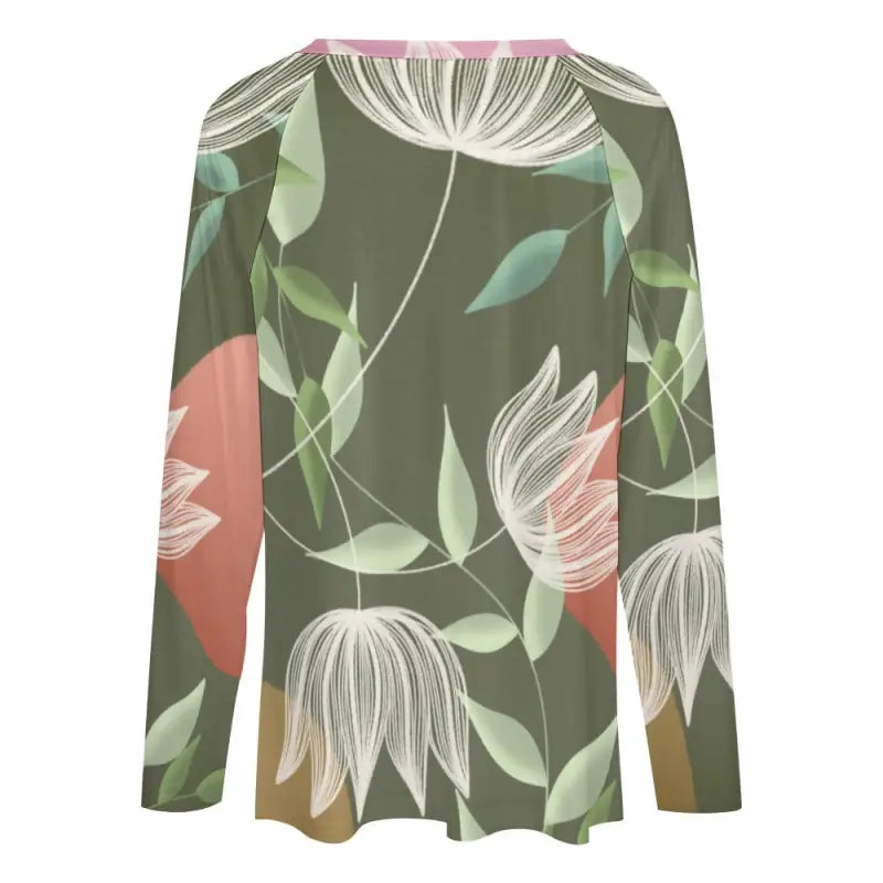back view botanical print long sleeve blouse olive green