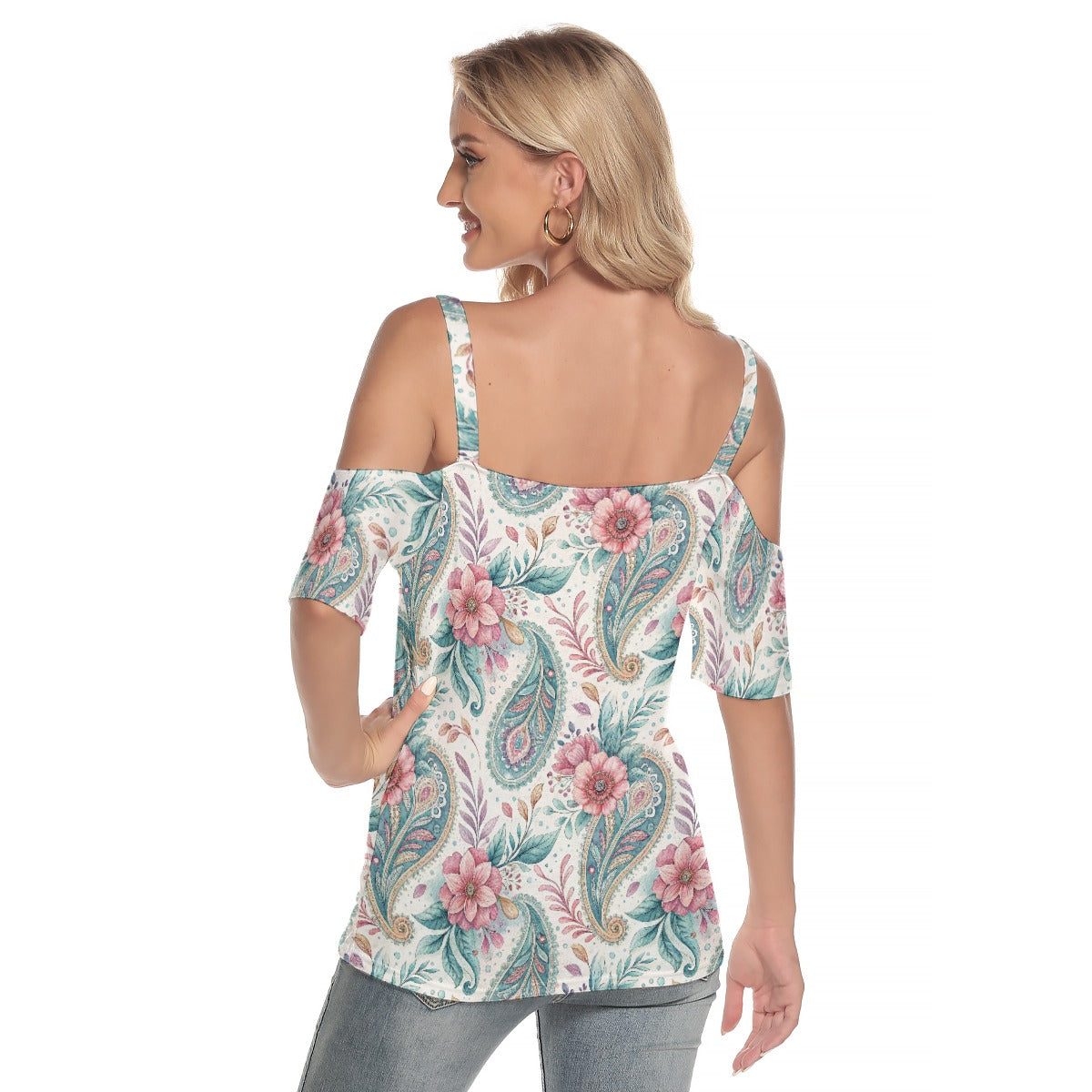 back view paisley cold shoulder blouse