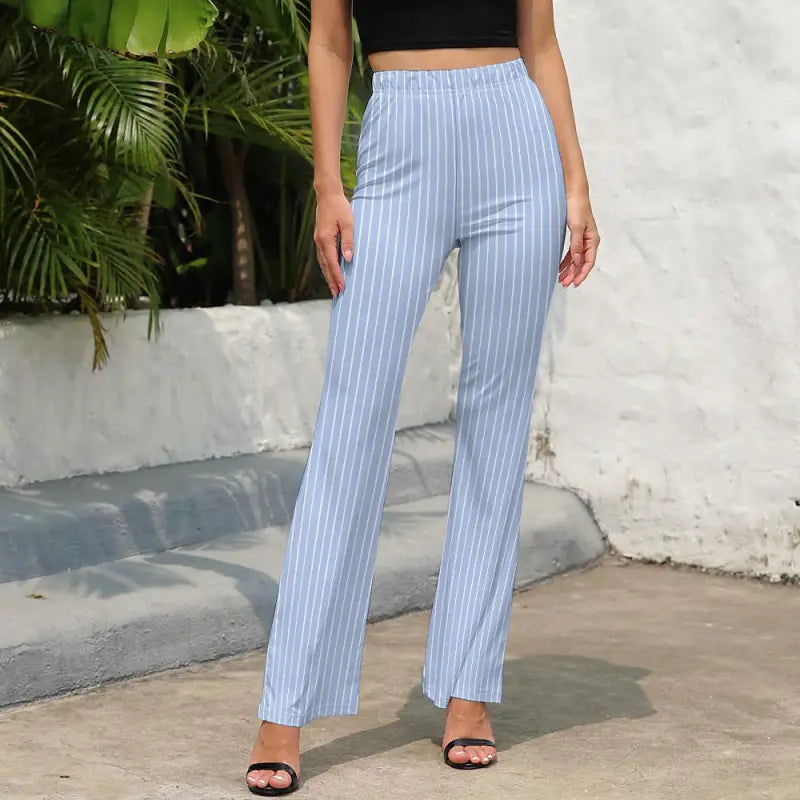 Light blue and white pinstriped wide-leg pull on pants perfect for vertical stripes lovers