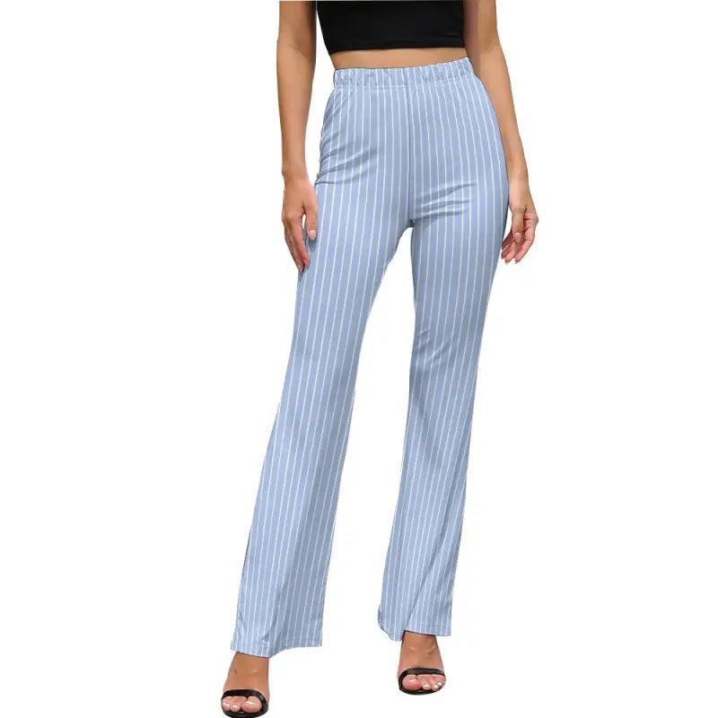 Light blue and white pinstriped pull on pants for a trendy, vertical stripes look