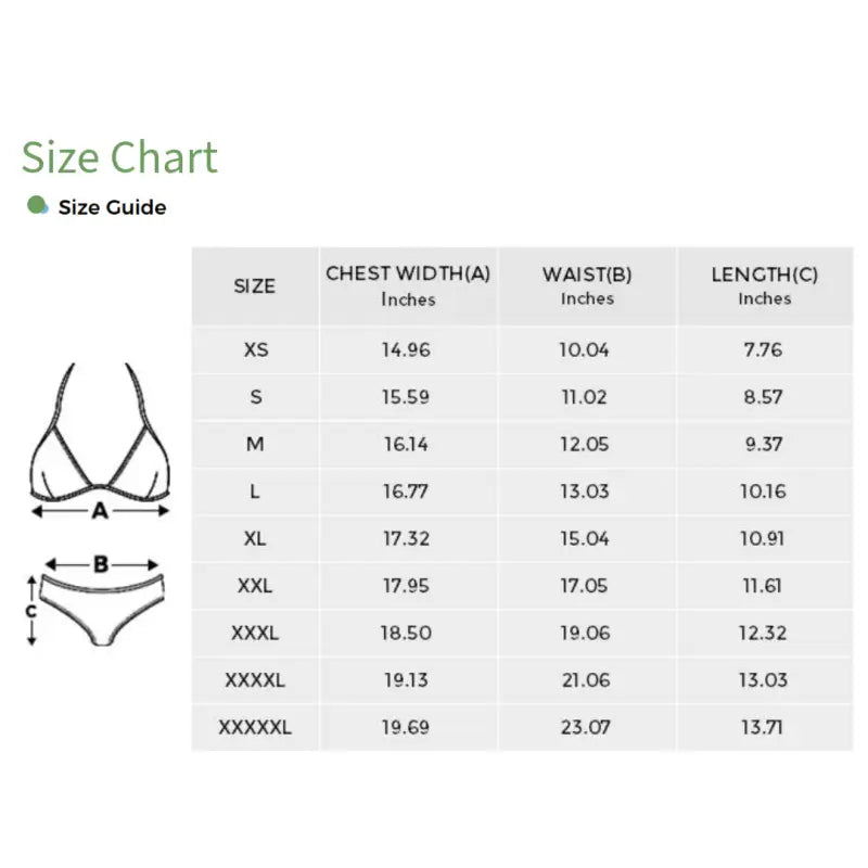 Clothing size chart for the Bikini Swimsuit That Makes Waves and Boho Dreams Come True