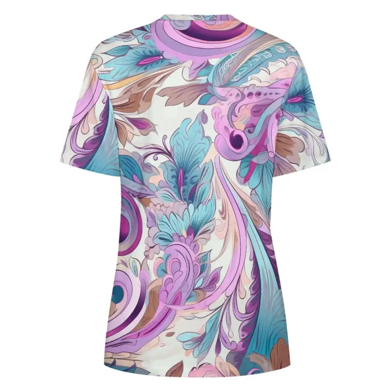 Comfy women’s floral t-shirt featuring a swirling purple, blue, and beige paisley print