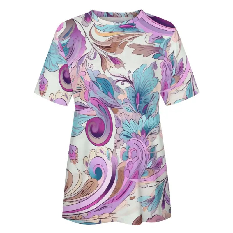 Comfy women’s floral t-shirt with a cool swirling purple, turquoise, and brown pattern