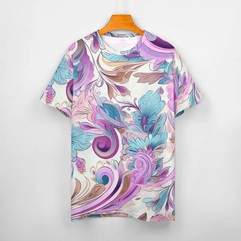 Comfy women’s floral t-shirt featuring a vibrant purple, blue, and pink paisley pattern