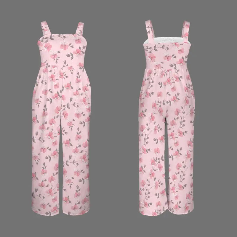 Stylish pink floral jumper with shoulder straps and wide-leg pants for a fun look