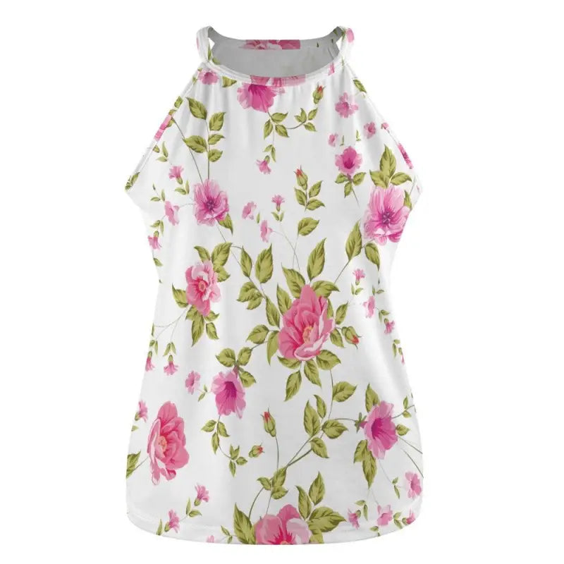 Floral print tank featuring pink roses and green leaves on a white background