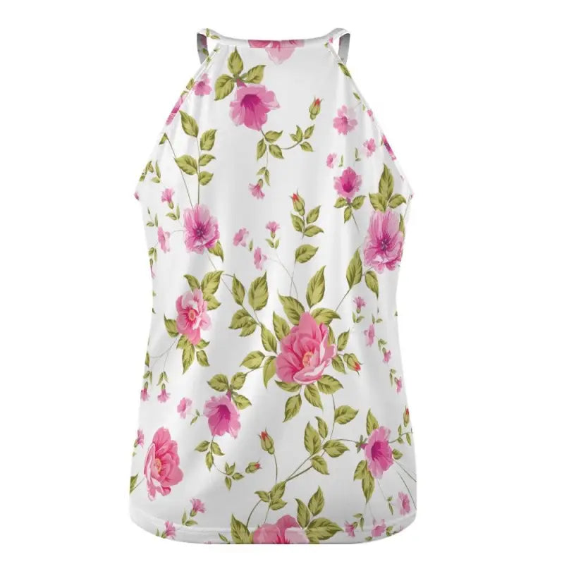 Sleeveless floral print tank with pink roses on a white background for a cute style