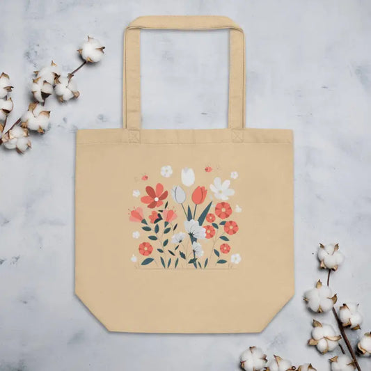 Beige floral design tote bag, perfect for eco lovers and flower enthusiasts