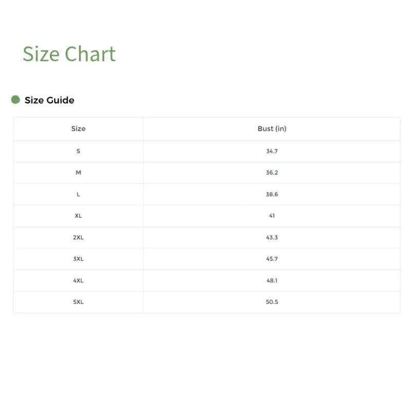 Size chart for bust measurements of floral string bikini sizes XS to 5XL