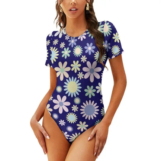 Fun blue floral short sleeve bodysuit perfect for a flowery vibe on a casual day