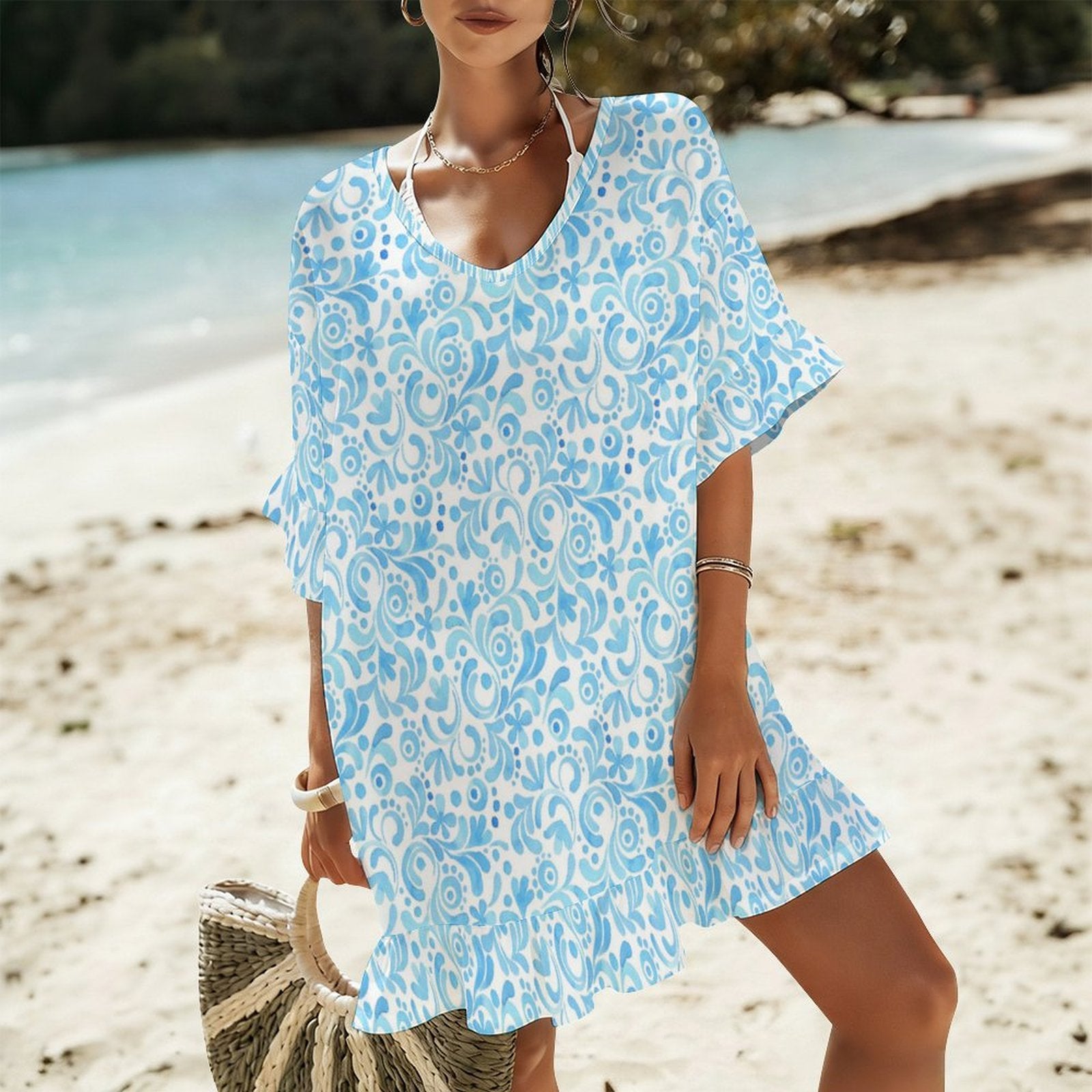 blue beach cover up dress worn seaside