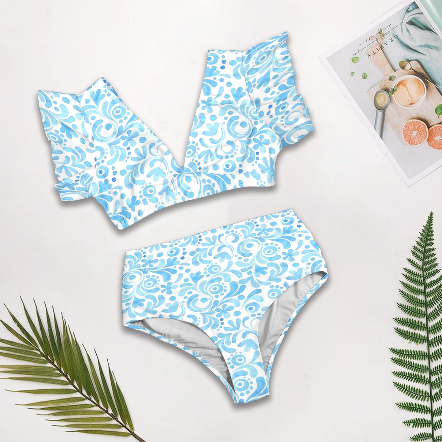 blue bikini flat lay set top and bottom