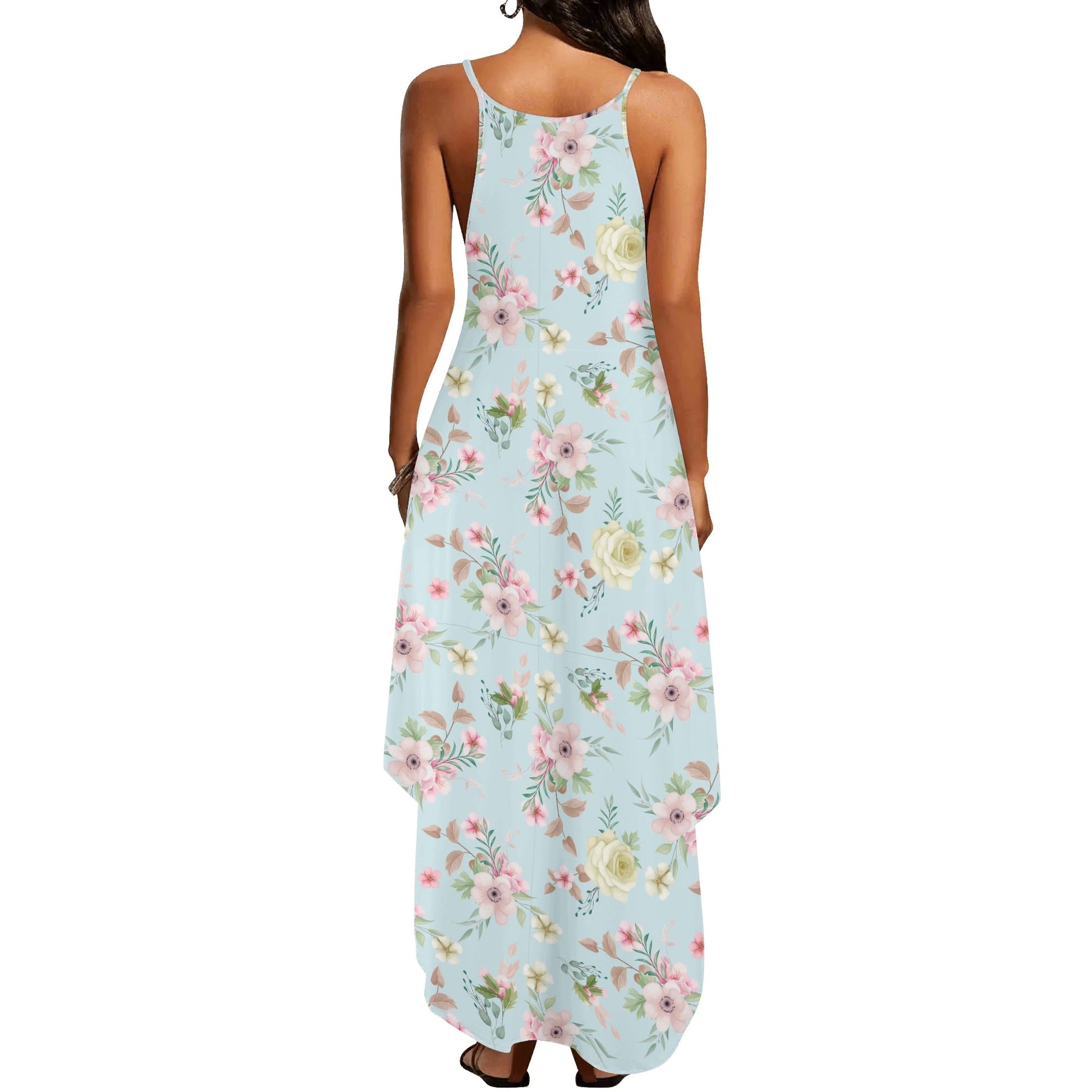 blue botanical floral maxi dress back view