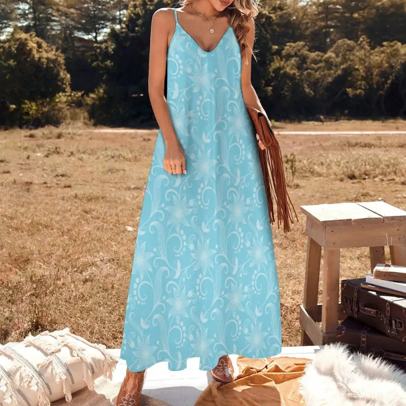 blue floral cami maxi dress styled outdoors countryside