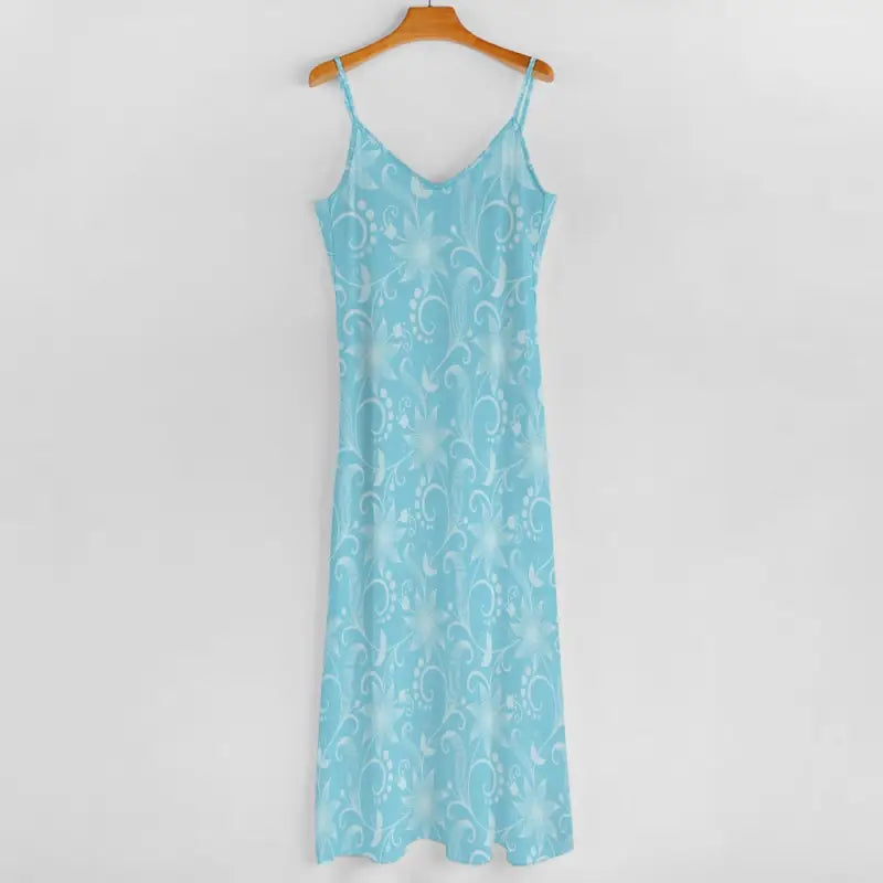 blue floral maxi dress hanging garment front view