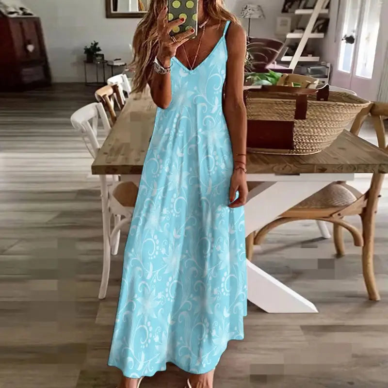 blue floral maxi dress styled indoors casual feminine look