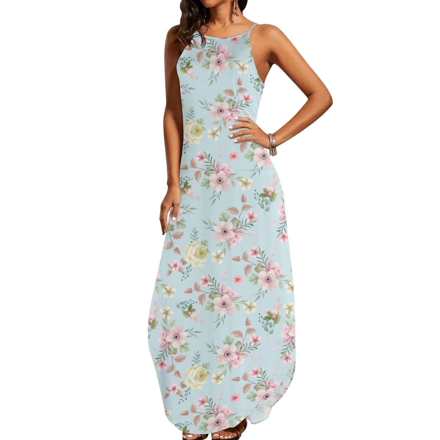 blue floral sleeveless maxi dress front view