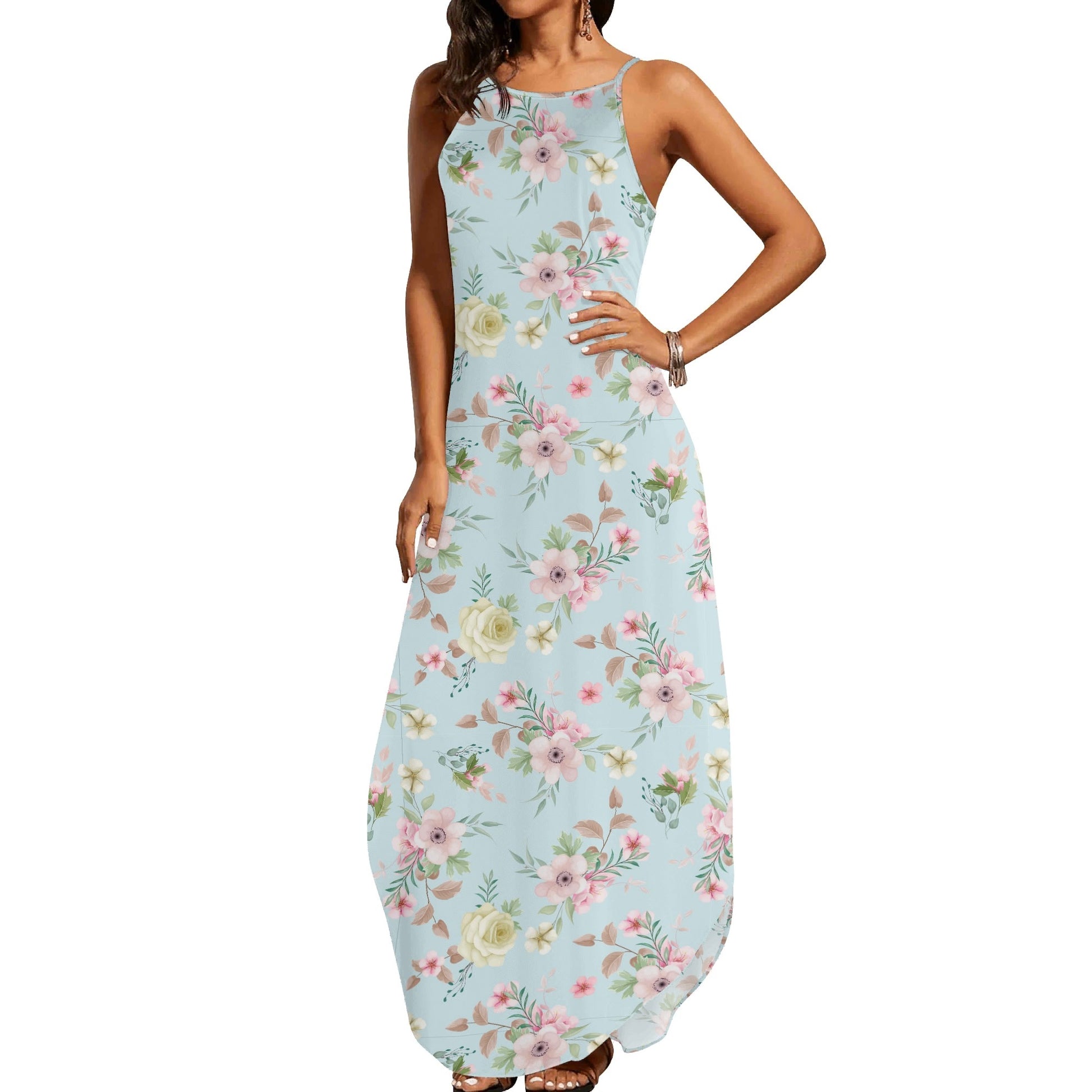 blue floral sleeveless maxi dress front view