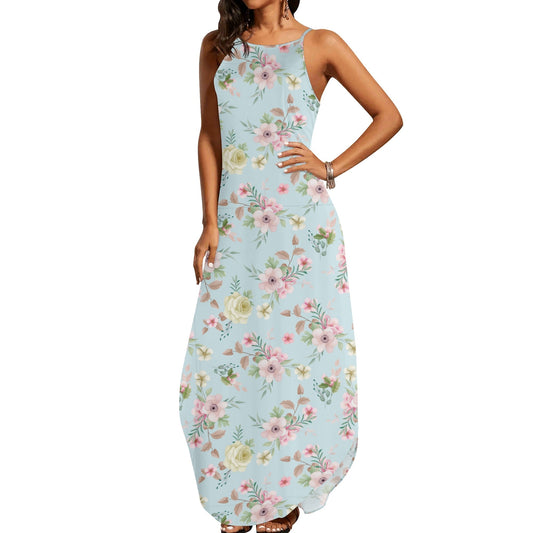 blue floral sleeveless maxi dress front view