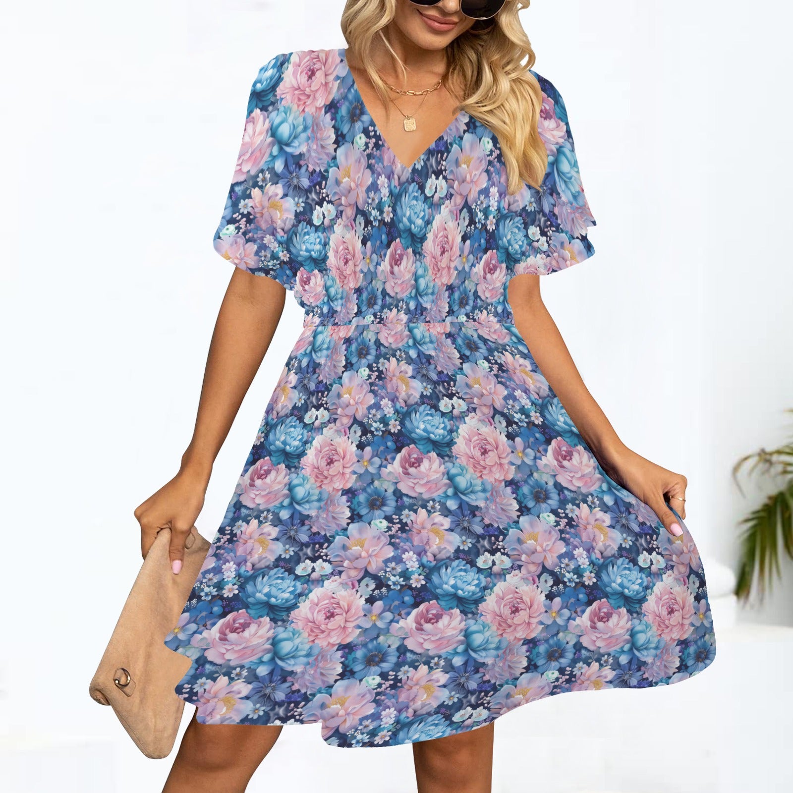 blue floral v neck dress front view flowy fit
