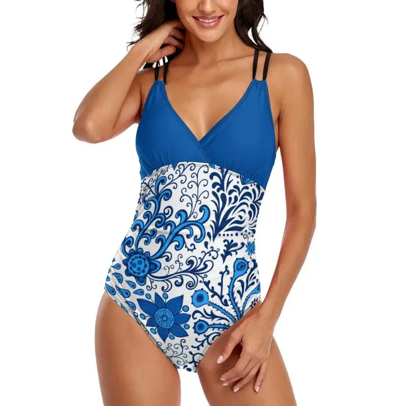 blue floral v neck one piece swimsuit front view