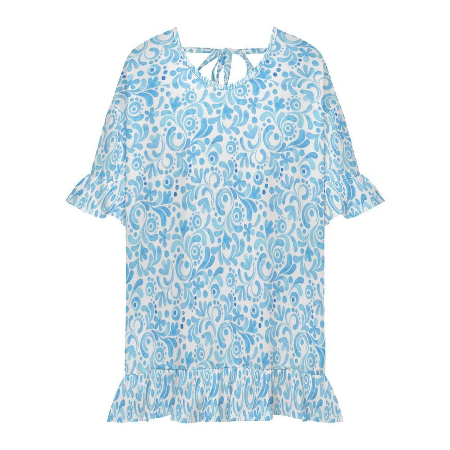 blue printed chiffon cover up dress product flat lay