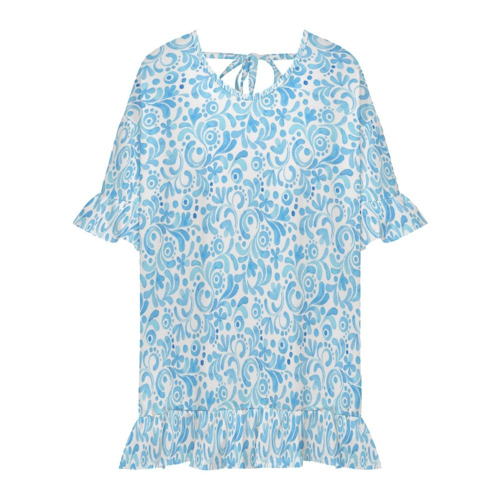 blue printed chiffon cover up dress product flat lay
