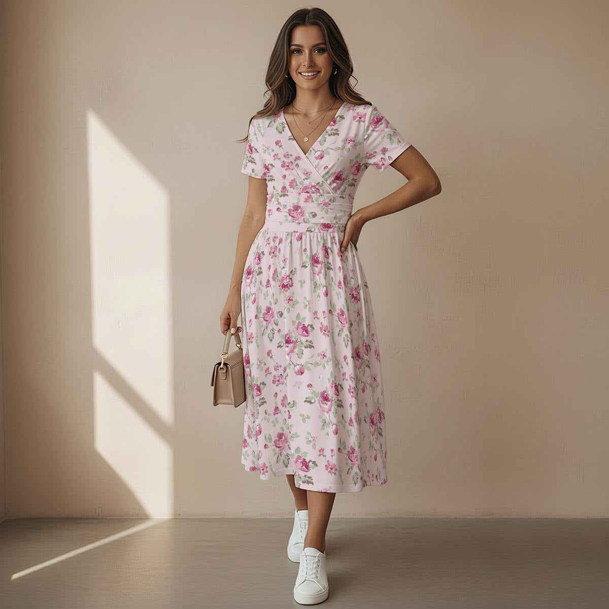 blush rose floral wrap midi dress front view