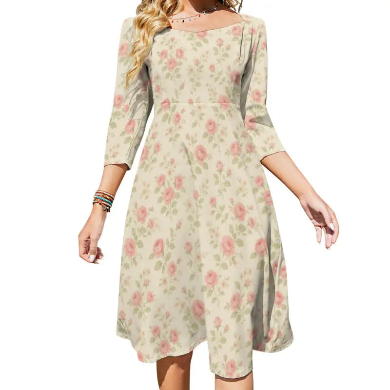 Women’s off-white boho dress with pink rose floral print for basic style comfort