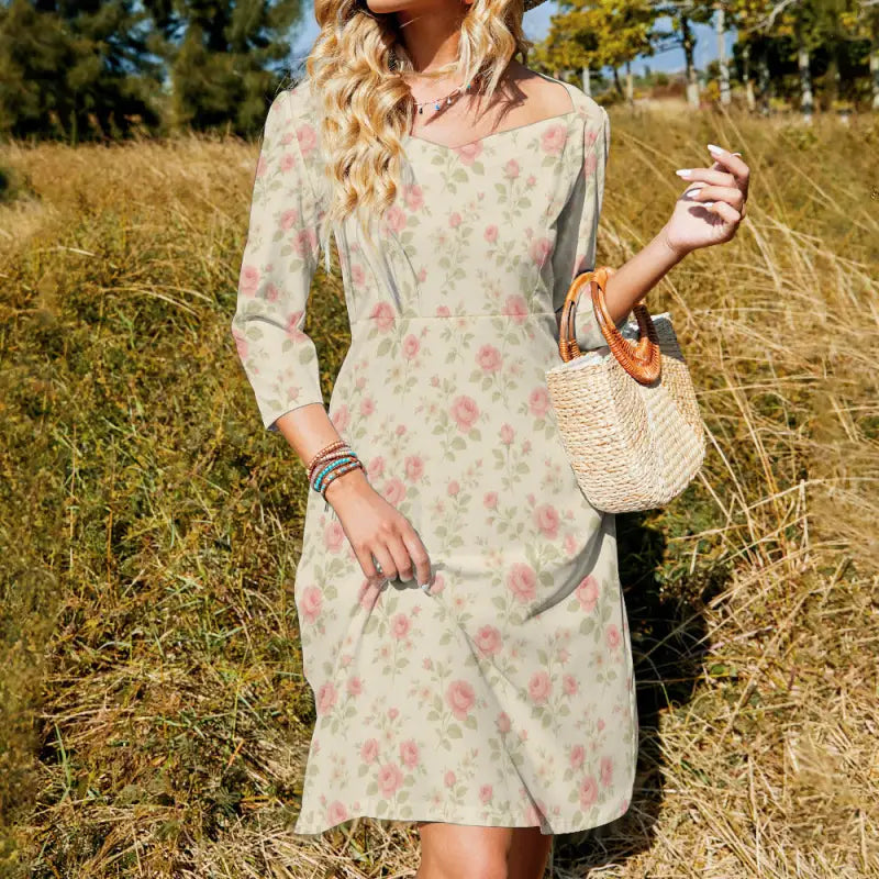 Boho basic style floral dress with sweetheart neckline and comfy three-quarter sleeves