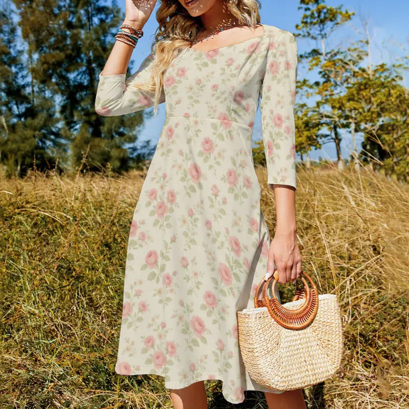 Beige boho floral print dress with square neckline, fitted waist, perfect basic style