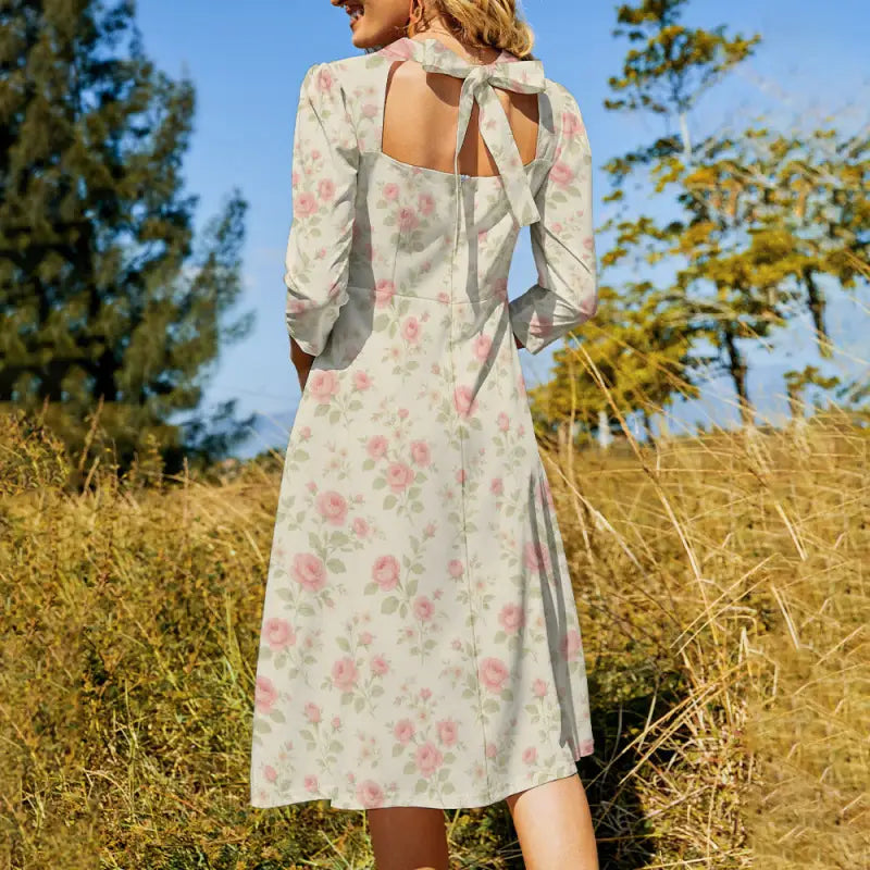 Boho basic style dress with pink rose pattern, long sleeves, tie-back, after-sales love