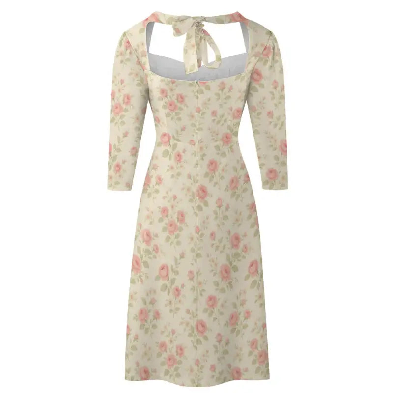 Boho basic style midi dress with floral print, square neckline, and back tie detail