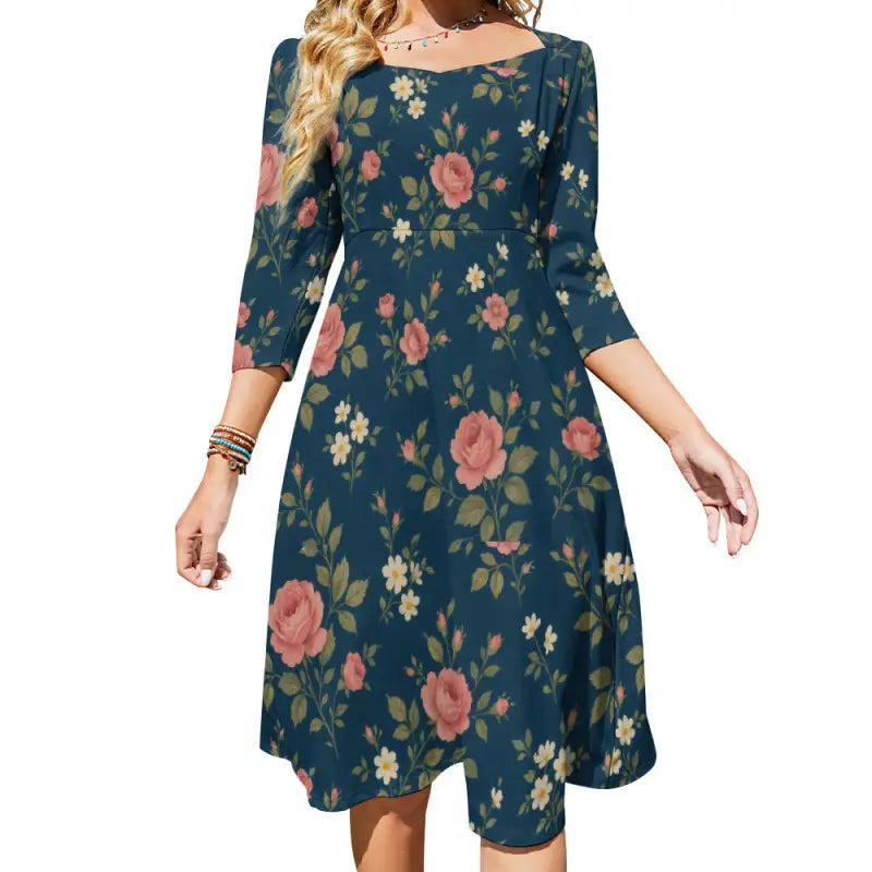 Boho basic style floral print A-line square neck dress with three-quarter sleeves