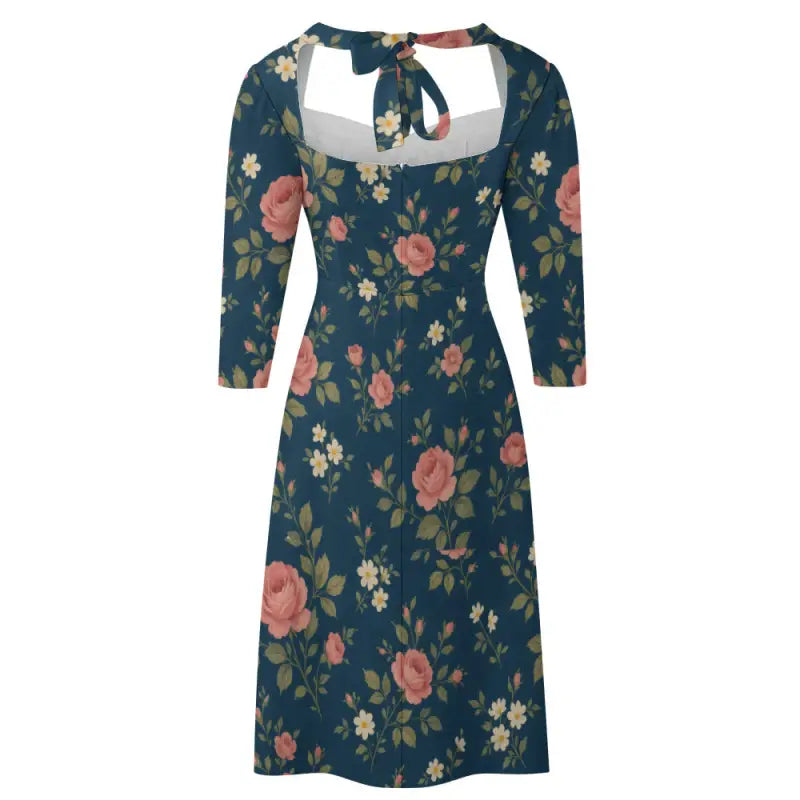 Long-sleeved dark blue floral boho dress with square neckline and bow tie back for basic style