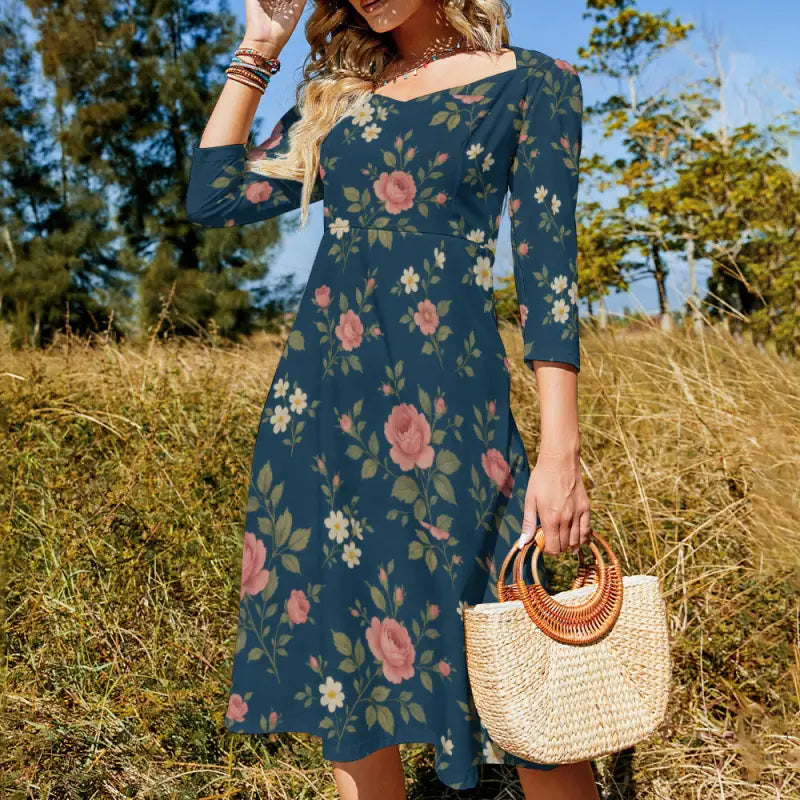 Boho basic style dress with floral print, sweetheart neckline, three-quarter sleeves