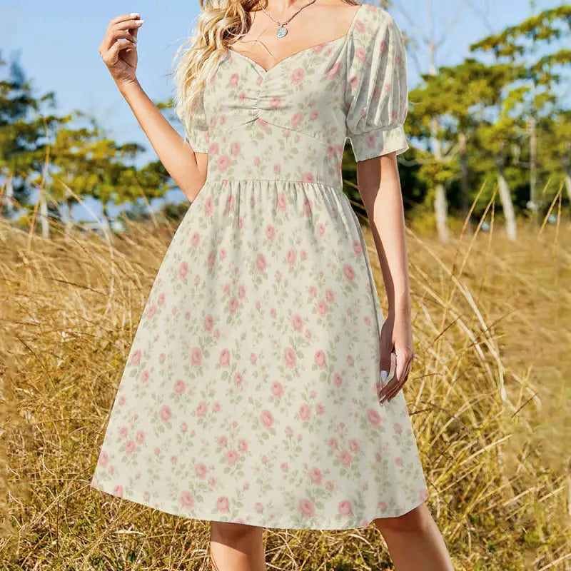 Boho basic style floral dress with pink roses, puffed sleeves, and easy after-sales process