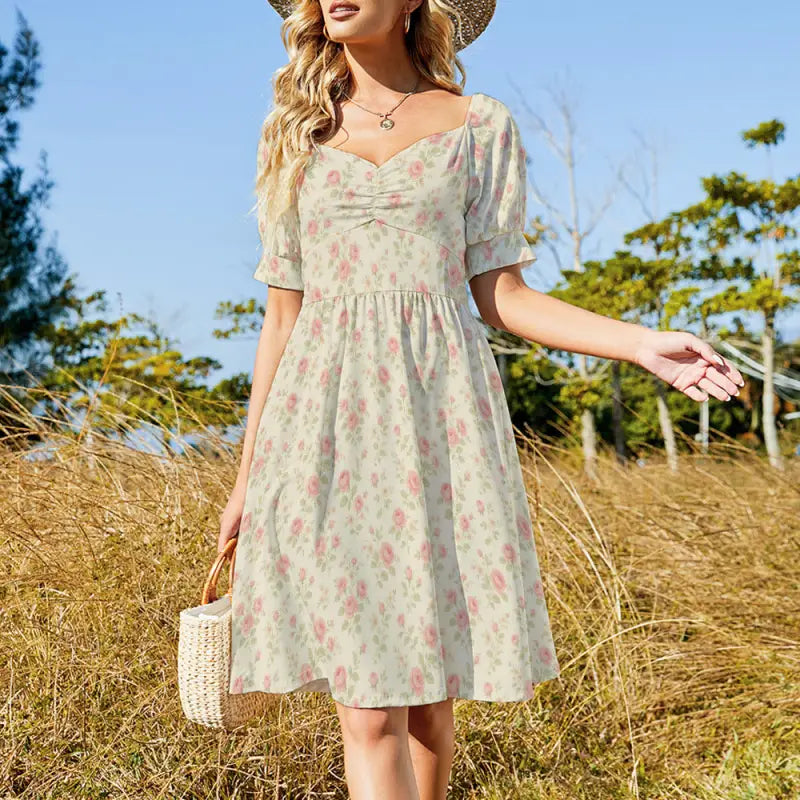 Floral print boho basic style puff sleeve square neck dress for easy, fuss-free wear