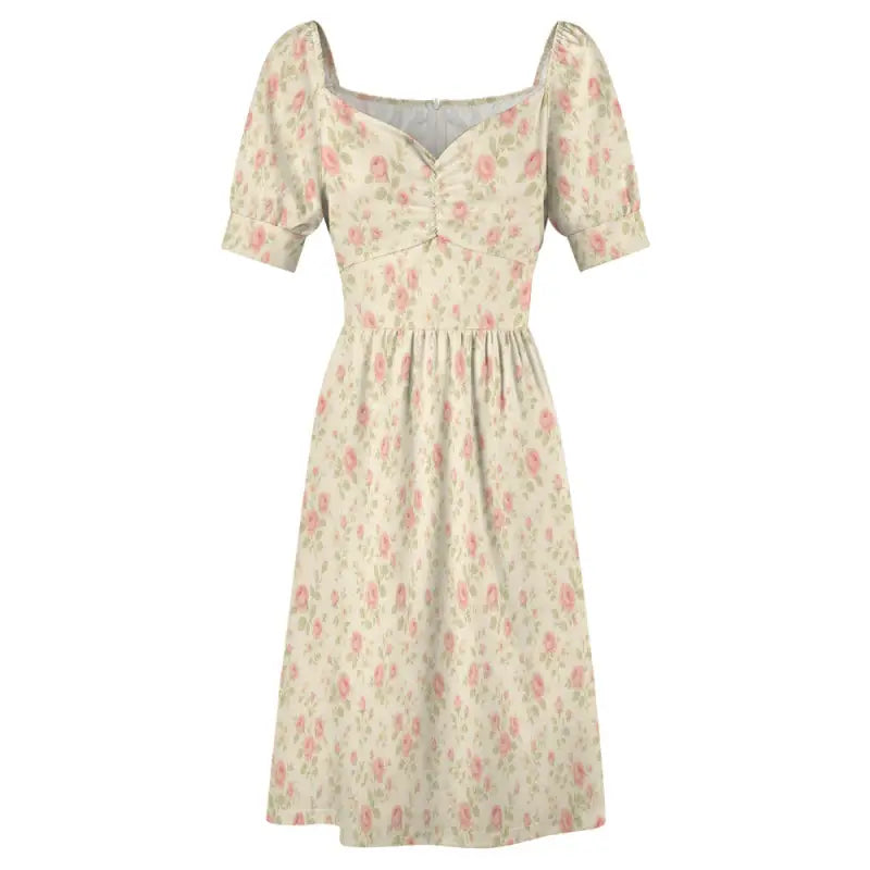 Boho basic style midi dress with pink floral pattern, puffed sleeves, and sweetheart neckline
