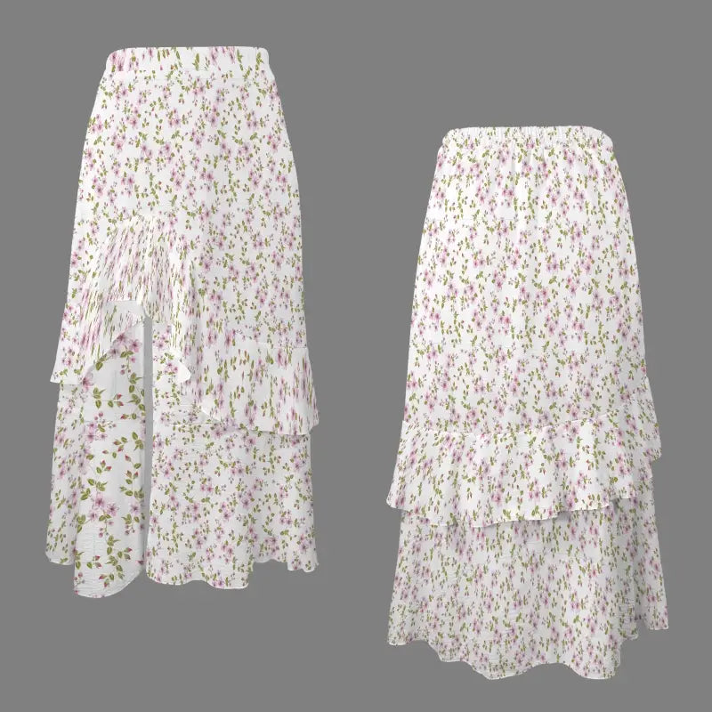 White tiered skirt with floral print in a boho style for a flowy silhouette