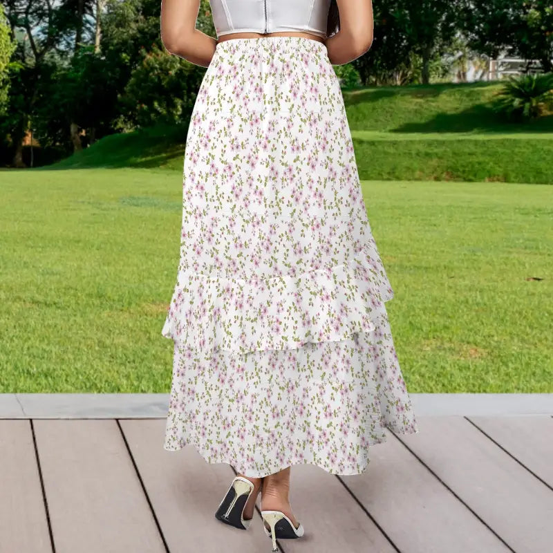 Floral tiered maxi skirt with flowy silhouette perfect for boho vibes and dancing fun