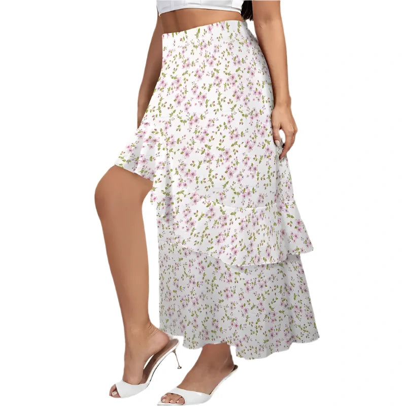 Floral tiered maxi skirt with side slit, perfect for a boho vibe and flowy silhouette