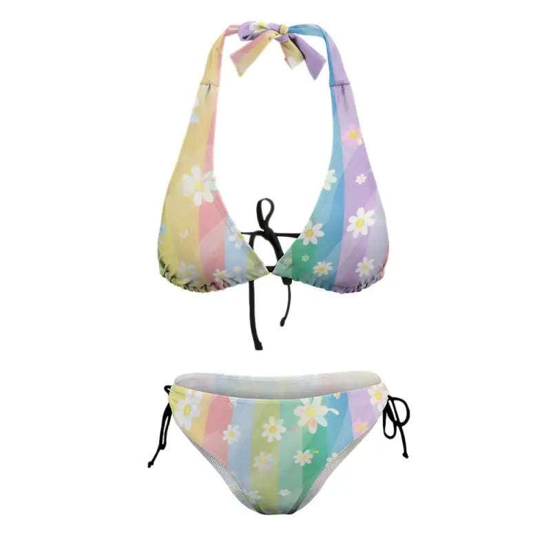 Pastel rainbow daisy bikini from Boho Bliss perfect for sunny beach fun and after-sales processing