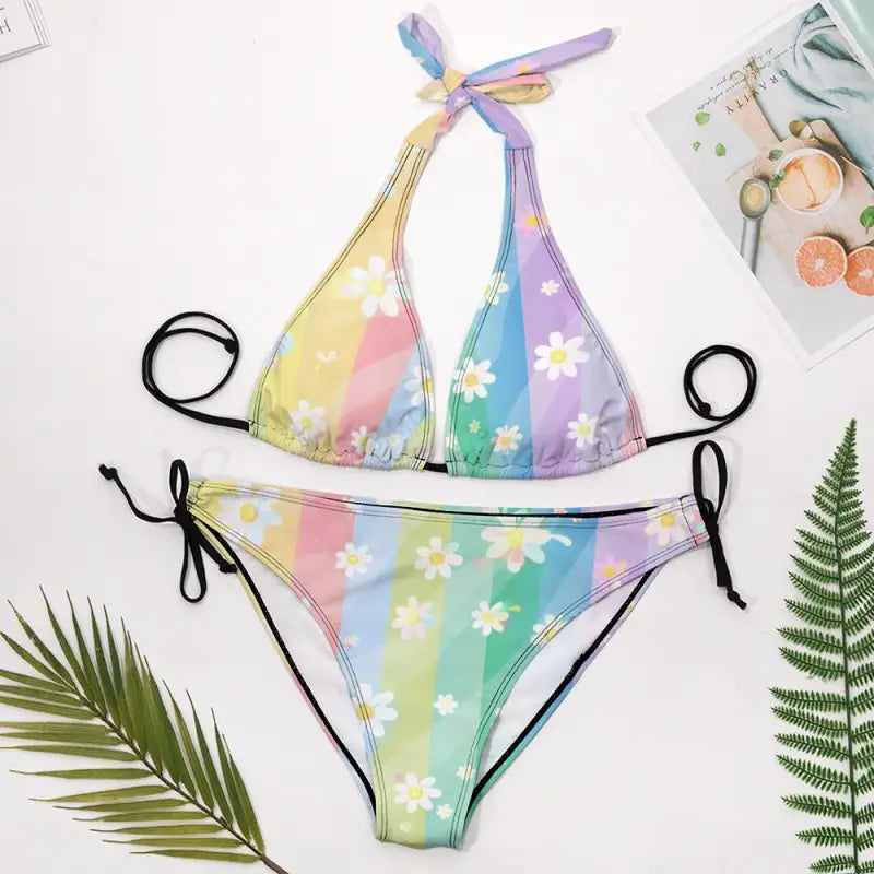 Rainbow-striped Daisy Bikini in Boho Bliss for fun sunbathing adventures