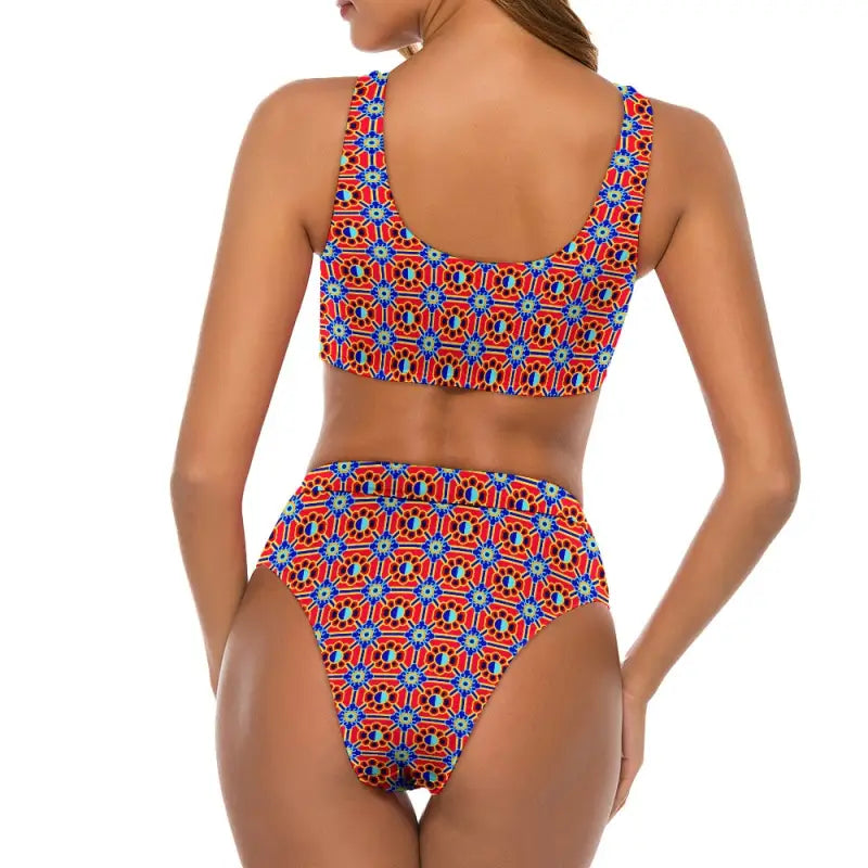 Two-piece Boho Bralette Bikini with a fun red, white, and blue geometric pattern