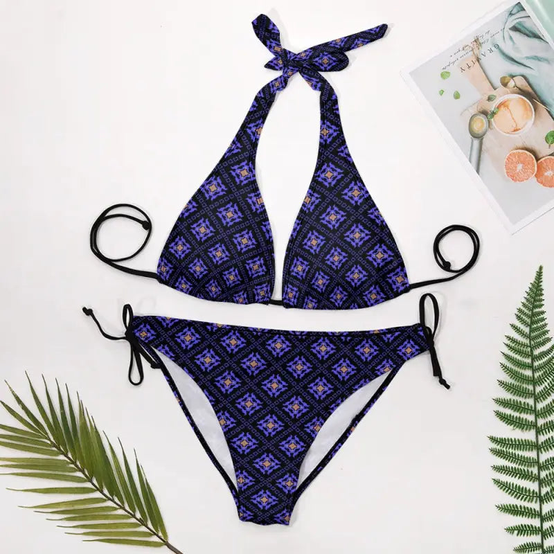 Two-piece halter bikini in blue and purple geometric pattern for boho summer vibes